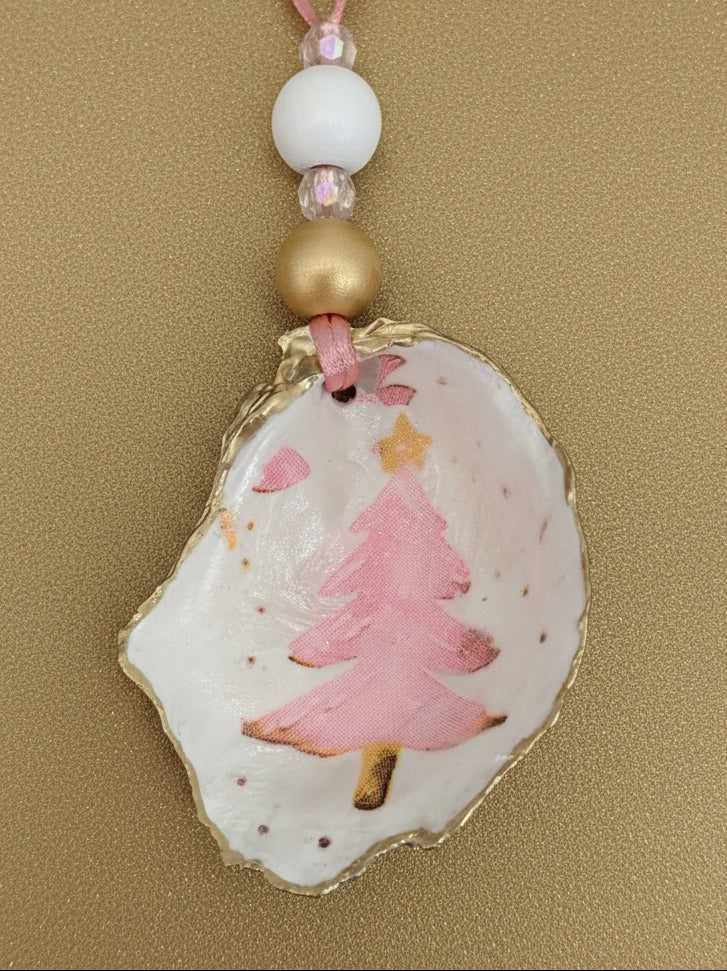 Pink Tree with Star- Oyster shell- with natural back of shell