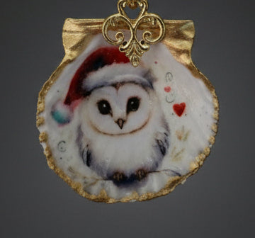 owl with red hat- on small scallop shell