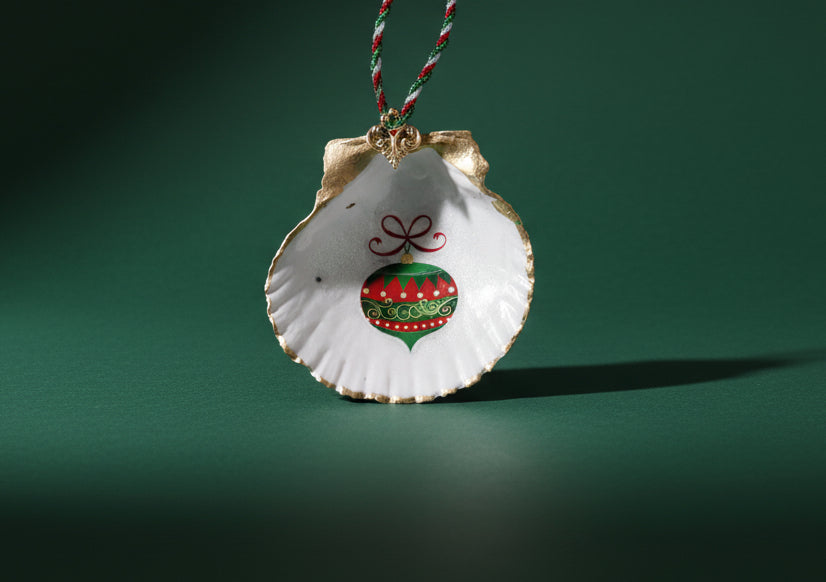 Christmas red/green and gold ornament- on a scallop shell