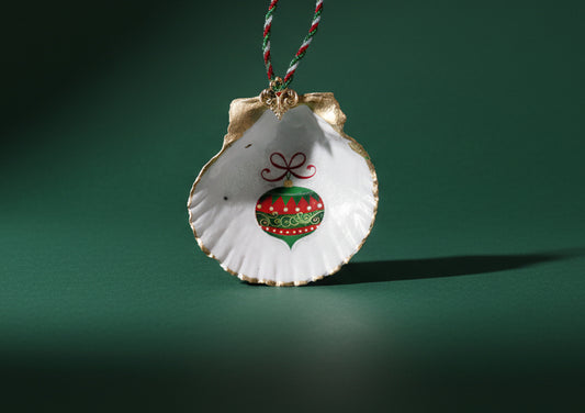 Christmas red/green and gold ornament- on a scallop shell
