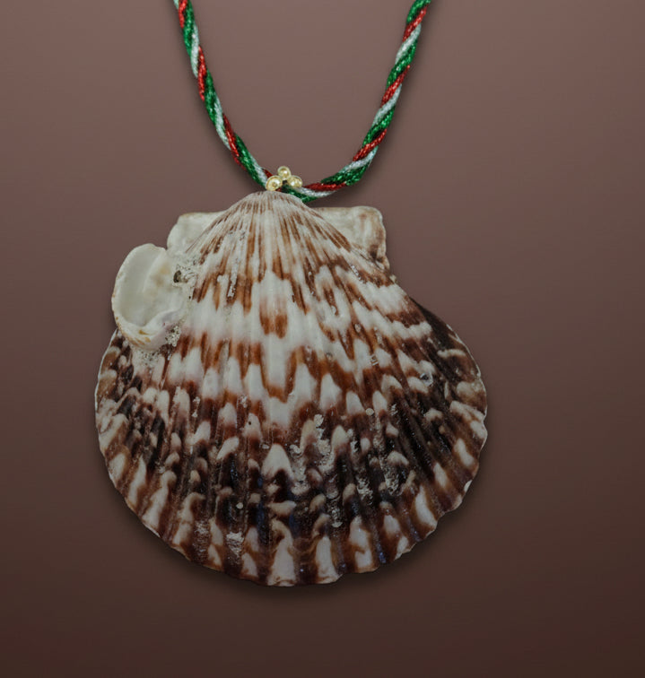 Christmas red/green and gold ornament- on a scallop shell