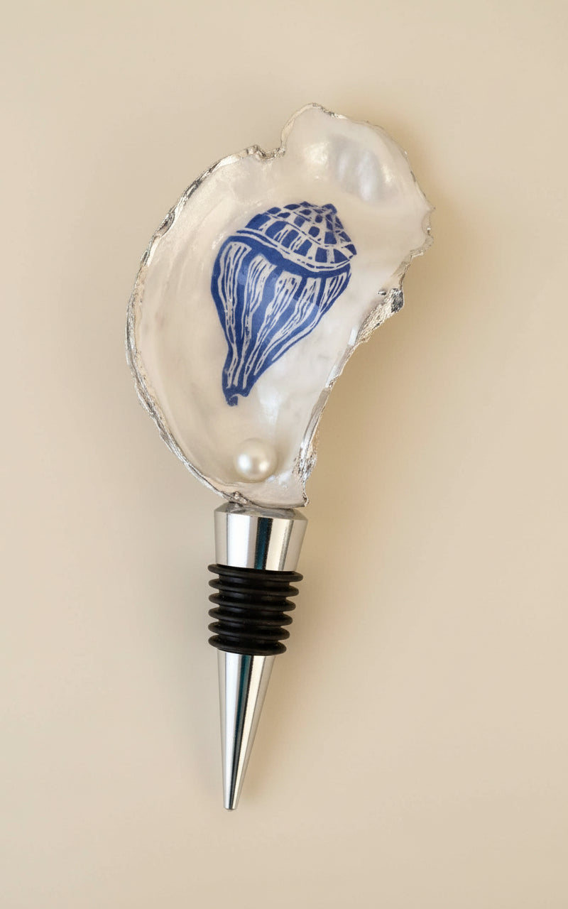 Oyster shell bottle stopper with blue design