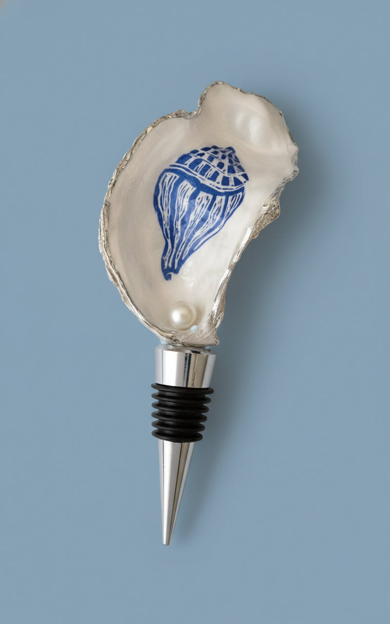 Oyster shell bottle stopper with blue design