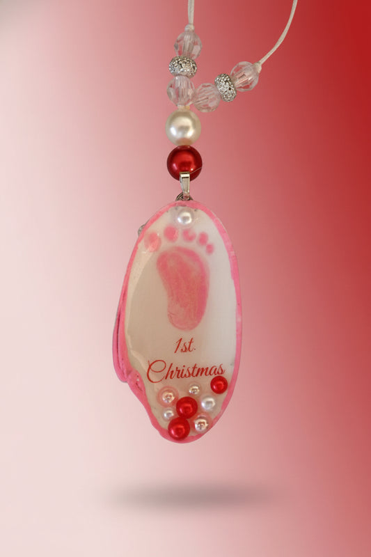 Pink '1st Christmas' footprints necklace with beads