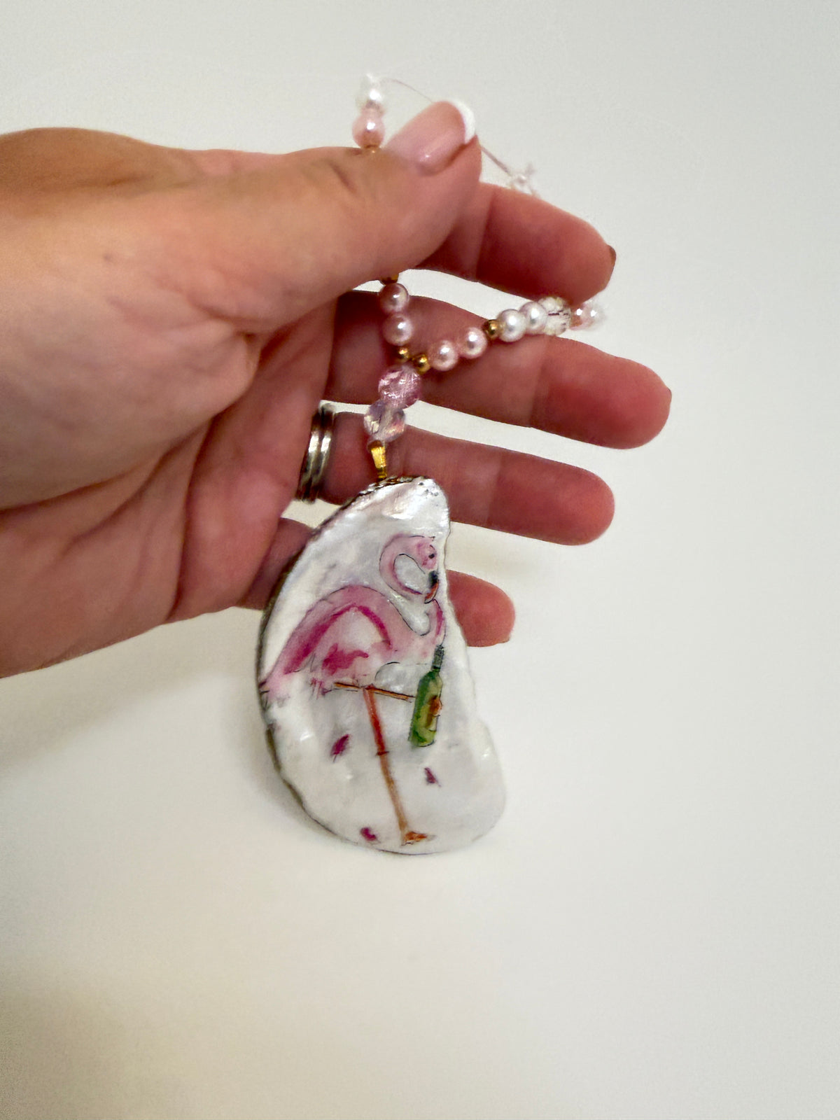 Pink Flamingo Coastal Oyster Shell Ornament
